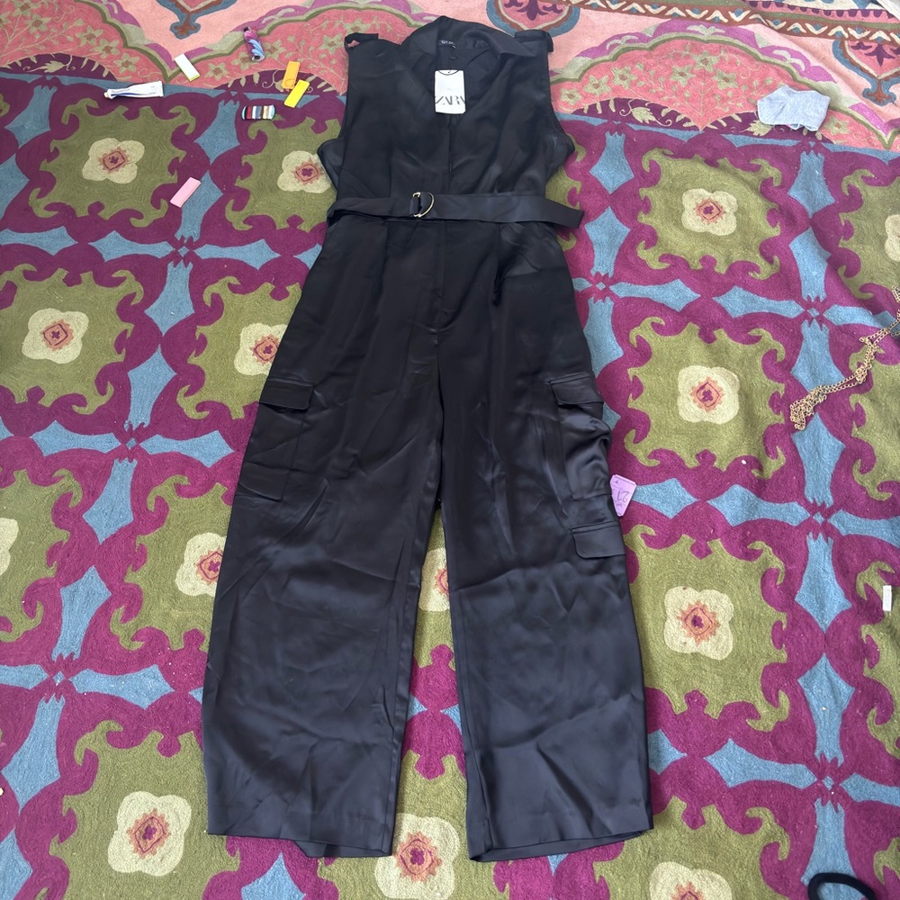 Zara black satin cargo jumpsuit size small